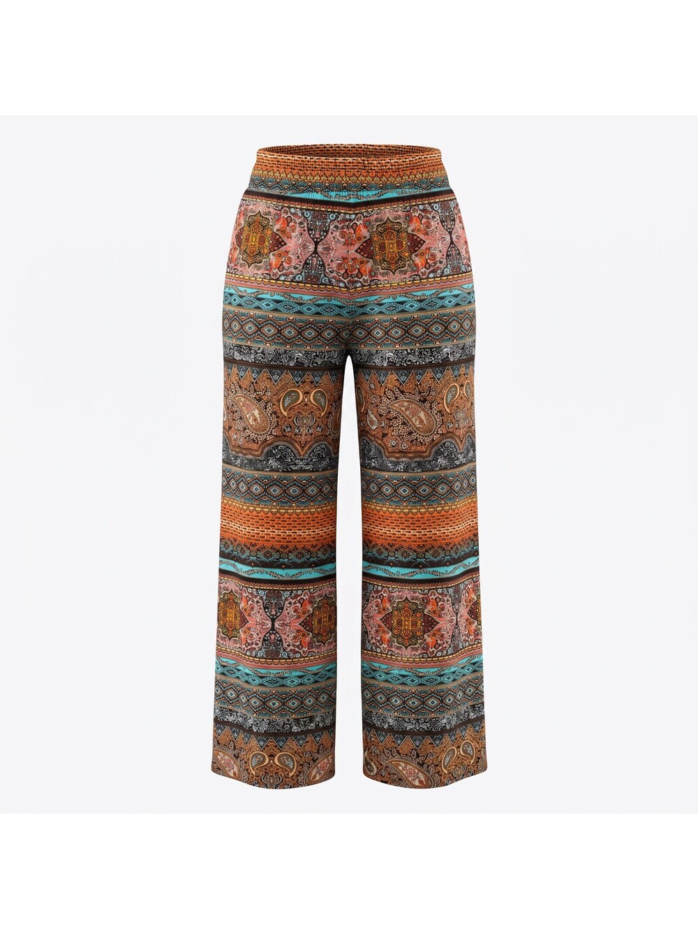 Women’s Boho Paisley Wide Leg Palazzo Pants Orange Teal Festival